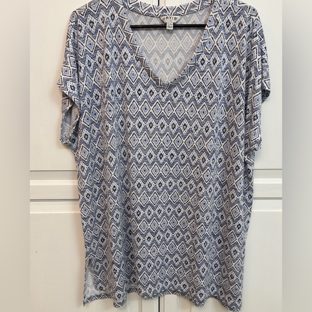 Orvis Blue and White Diamond Pattern Short Sleeve Top size XXL